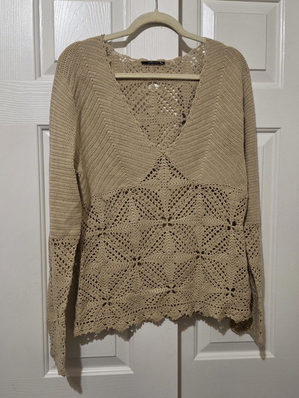 Elie Tahari 100% Merino Wool Granny Stitch Crochet Knit Sweater Beige Sz L NWOT